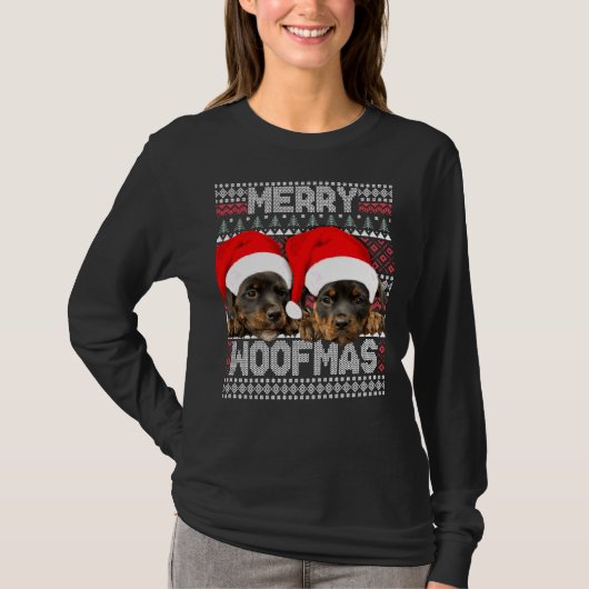 Merry Woofmas de Puppies van de Rottweiler met San T-shirt (Voorkant)