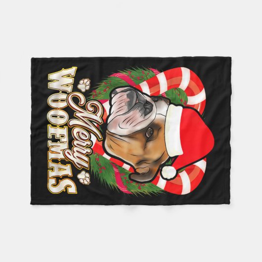 Merry Woofmas English Bulldog With Santa Claus Hat Fleece Deken (Voorkant (Horizontaal))
