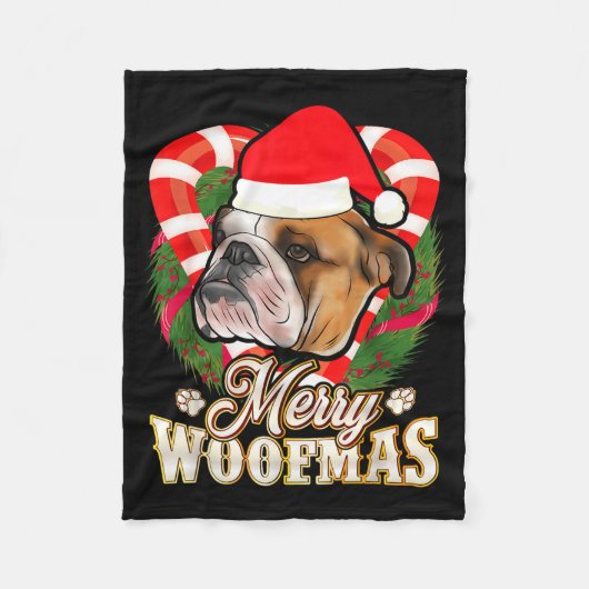 Merry Woofmas English Bulldog With Santa Claus Hat Fleece Deken (Voorkant)