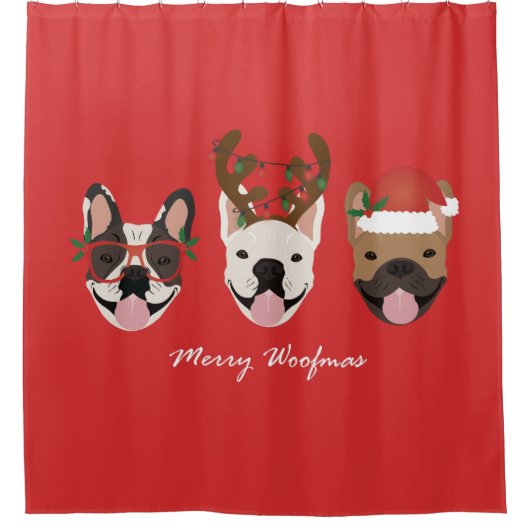 Merry Woofmas Franse Bulldogs Kerstmis Douchegordijn (Voorkant)