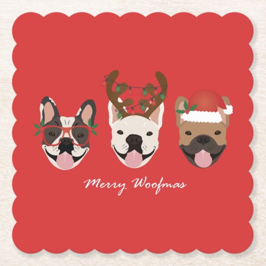 Merry Woofmas Franse Bulldogs Kerstmis Kartonnen Onderzetters (Voorkant)