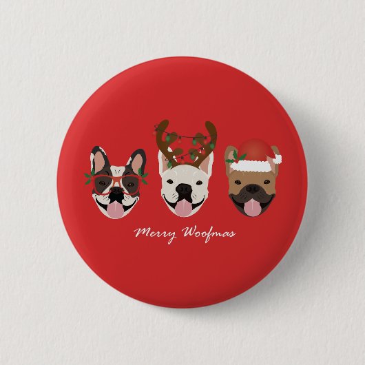 Merry Woofmas Franse Bulldogs Kerstmis Ronde Button 5,7 Cm (Voorkant)