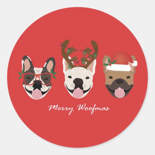 Merry Woofmas Franse Bulldogs Kerstmis Ronde Sticker (Voorkant)