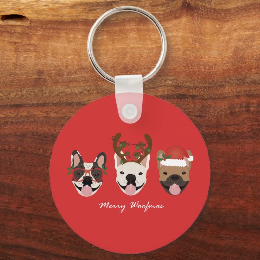 Merry Woofmas Franse Bulldogs Kerstmis Sleutelhanger (Voorkant)