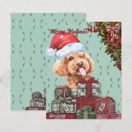 Merry Woofmas. Funny Poodle Santa Hat Kerstmis Notitiekaartje (Voorkant / Achterkant)