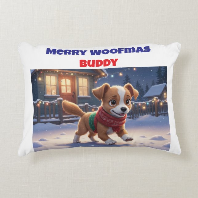 Merry Woofmas Gepersonaliseerde Hond Accent Kussen (Voorkant)