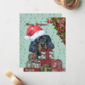 Merry Woofmas. Gordon Setter Santa Hat Kerstmis Notitiekaartje (Voorkant / Achterkant in situ)