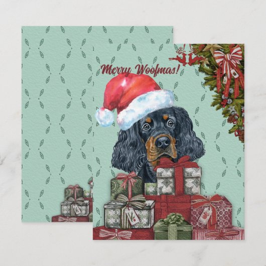 Merry Woofmas. Gordon Setter Santa Hat Kerstmis Notitiekaartje (Voorkant / Achterkant)