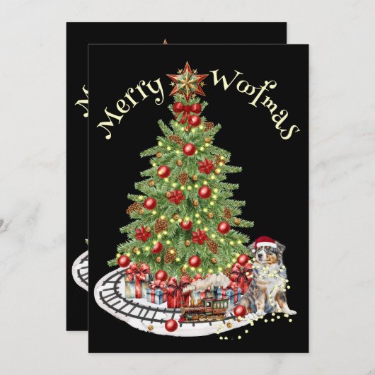 Merry Woofmas Hondenontwerp- Australian Shepherd Feestdagenkaart (Voorkant / Achterkant)