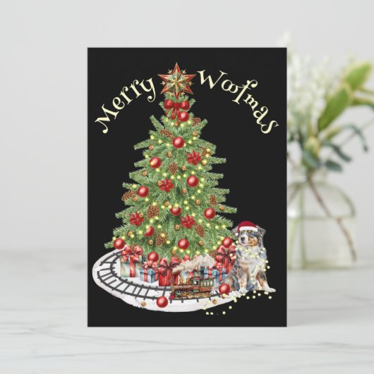Merry Woofmas Hondenontwerp- Australian Shepherd Feestdagenkaart (Staand voorkant)