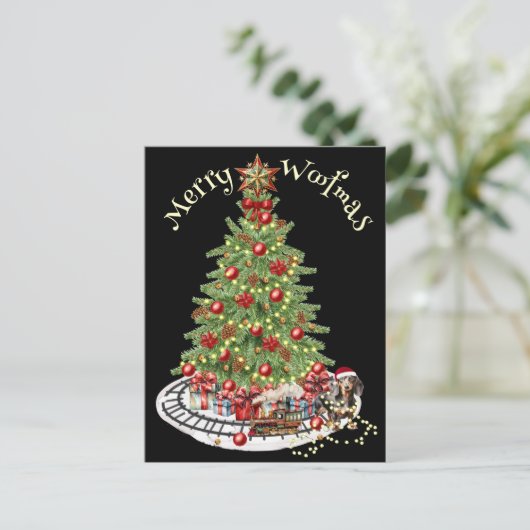 Merry Woofmas Hondenontwerp- Dachshund Briefkaart (Staand voorkant)