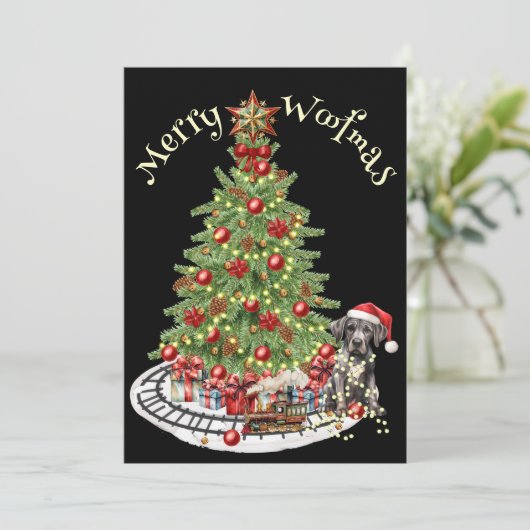 Merry Woofmas Hondenontwerp- Grote Deen Feestdagenkaart (Staand voorkant)