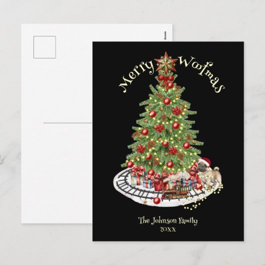 Merry Woofmas Hondenontwerp- Pug Feestdagenkaart (Voorkant / Achterkant)