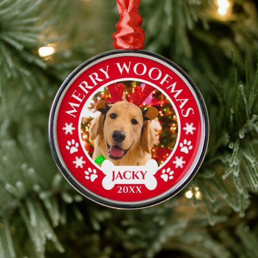 Merry Woofmas Kerst Custom Pet Dog Foto Metalen Ornament (Boom)