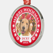 Merry Woofmas Kerst Custom Pet Dog Foto Metalen Ornament (Links)