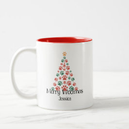 Merry Woofmas Mug – Paw Print Christmas Tree Cup Tweekleurige Koffiemok