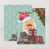 Merry Woofmas. Pommeraanse hond Santa Hat Kerstmis Notitiekaartje (Voorkant / Achterkant)