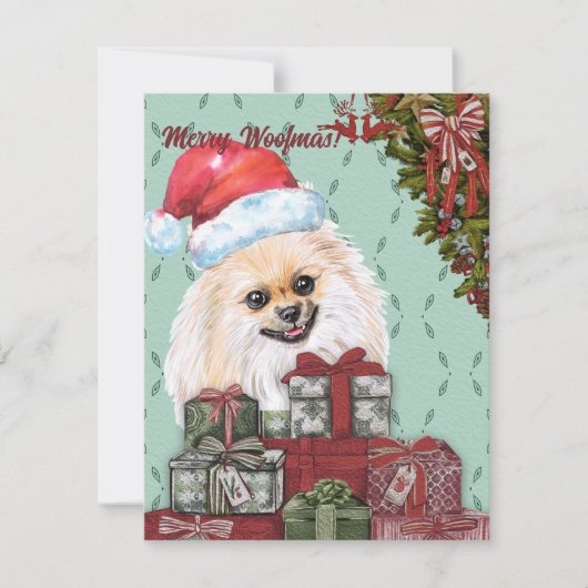Merry Woofmas. Pommerse kerstcadeaus voor kerstmis Notitiekaartje (Voorkant)