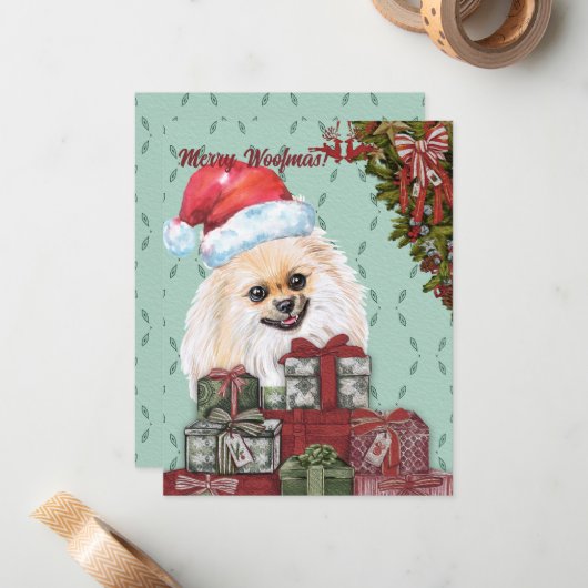 Merry Woofmas. Pommerse kerstcadeaus voor kerstmis Notitiekaartje (Voorkant / Achterkant in situ)