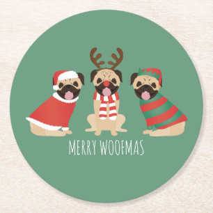 Merry Woofmas Pug Dogs Ronde Kartonnen Onderzetter