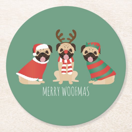 Merry Woofmas Pug Dogs Ronde Kartonnen Onderzetter (Voorkant)