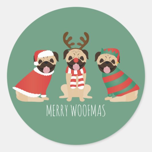 Merry Woofmas Pug Dogs Ronde Sticker (Voorkant)
