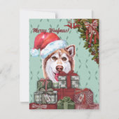 Merry Woofmas. Red Husky Santa Hat kerstcadeau Notitiekaartje (Voorkant)