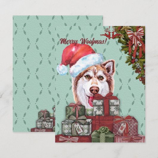 Merry Woofmas. Red Husky Santa Hat kerstcadeau Notitiekaartje (Voorkant / Achterkant)