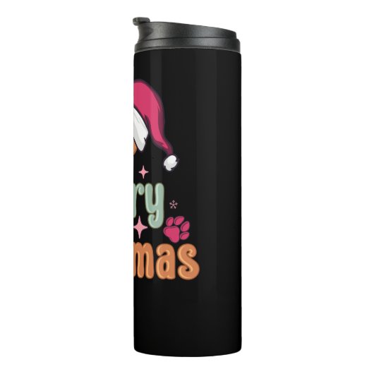 Merry Woofmas Retro Kerst roze Hond T-shirt Des Thermosbeker (Geroteerd rechts)