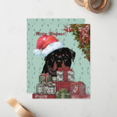 Merry Woofmas. Rottweiler Santa Hat-kerstcadeau Notitiekaartje (Voorkant / Achterkant in situ)