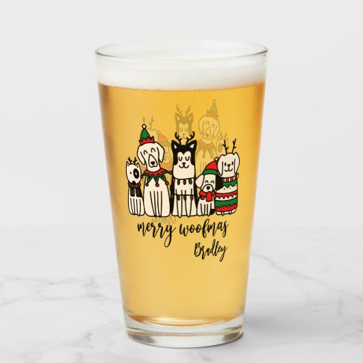 Merry Woofmas Schattige Dogs Christmas Custom Name Glas (Voorkant gevuld)