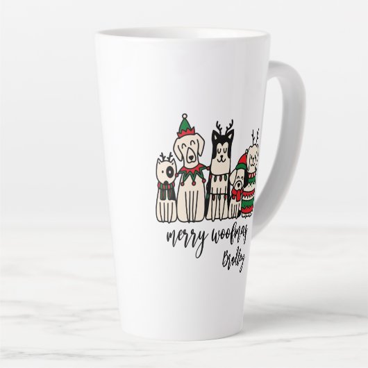 Merry Woofmas Schattige Dogs Christmas Custom Name Latte Mok (Rechterhoek)