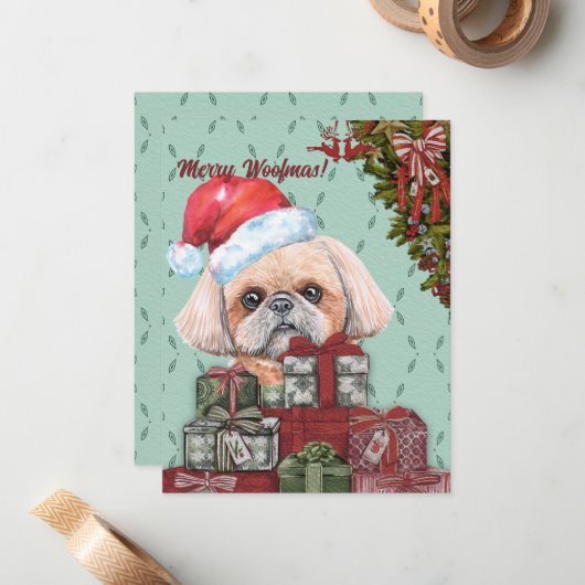 Merry Woofmas. Shih Tzu Santa Hat-kerstcadeau Notitiekaartje (Voorkant / Achterkant in situ)