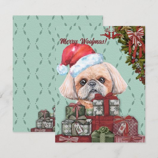 Merry Woofmas. Shih Tzu Santa Hat-kerstcadeau Notitiekaartje (Voorkant / Achterkant)
