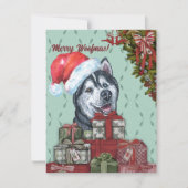 Merry Woofmas. Siberian Husky Santa Hat Kerstmis Notitiekaartje (Voorkant)