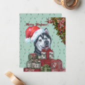 Merry Woofmas. Siberian Husky Santa Hat Kerstmis Notitiekaartje (Voorkant / Achterkant in situ)