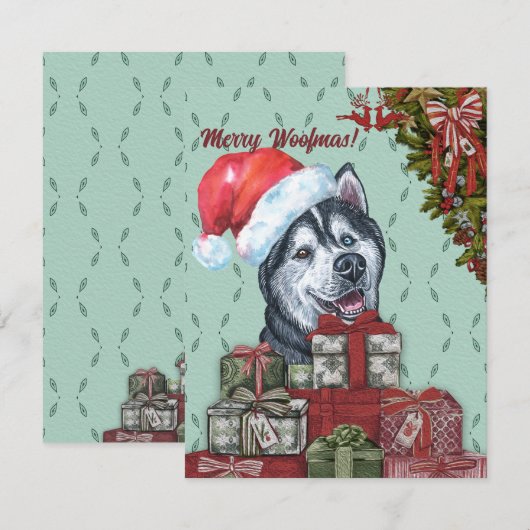 Merry Woofmas. Siberian Husky Santa Hat Kerstmis Notitiekaartje (Voorkant / Achterkant)