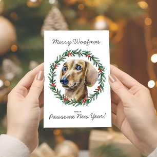 Merry Woofmas Waterverf Dachshund Krans Feestdagen Kaart