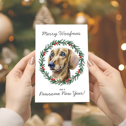 Merry Woofmas Waterverf Dachshund Krans Feestdagen Kaart