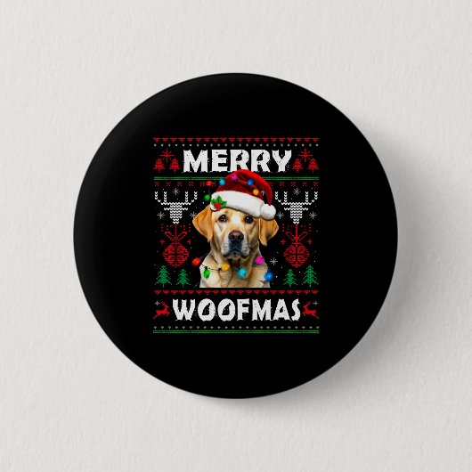 Merry Woofmas Yellow Labrador Christmas Ugly Sweat Ronde Button 5,7 Cm (Voorkant)