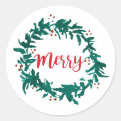 Merry Wreath met Berries Script Ronde Sticker (Voorkant)