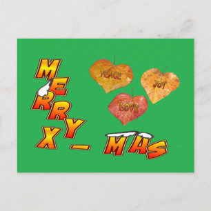 Merry Xmas & 3 heart shaped leaves green Postcard Feestdagenkaart