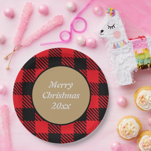 Merry Xmas Aangepast buffelpatroon zwart rood Papieren Bordje (Feest)