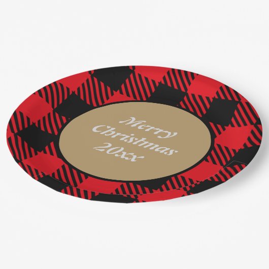 Merry Xmas Aangepast buffelpatroon zwart rood Papieren Bordje (Gekanteld)