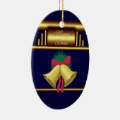 Merry Xmas Bells op Brass en Blue Keramisch Ornament (Rechts)