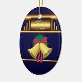 Merry Xmas Bells op Brass en Blue Keramisch Ornament (Links)