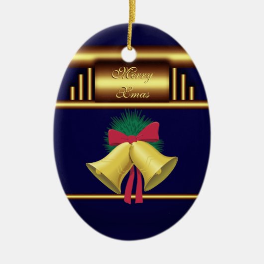 Merry Xmas Bells op Brass en Blue Keramisch Ornament (Voorkant)