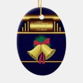 Merry Xmas Bells op Brass en Blue Keramisch Ornament (Achterkant)