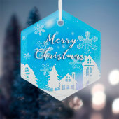 Merry Xmas Blue White House Snow Glas Ornament
