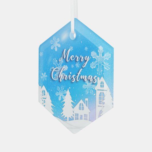 Merry Xmas Blue White House Snow Glas Ornament (Voorkant links)